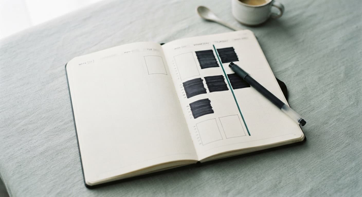 An open weekly planner with hours blocked in black marker and a green line drawn down the page